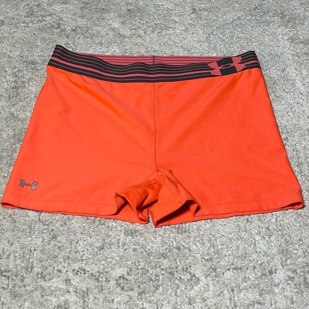 Under Armour Heat-gear Neon Orange Shorts with Striped Waistband (Size: Small)